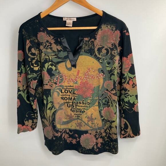 SUSAN LAWRENCE Vintage 90s Y2K Grunge Goth Witchy 3/4 Sleeve Top XL Black - Picture 7 of 11
